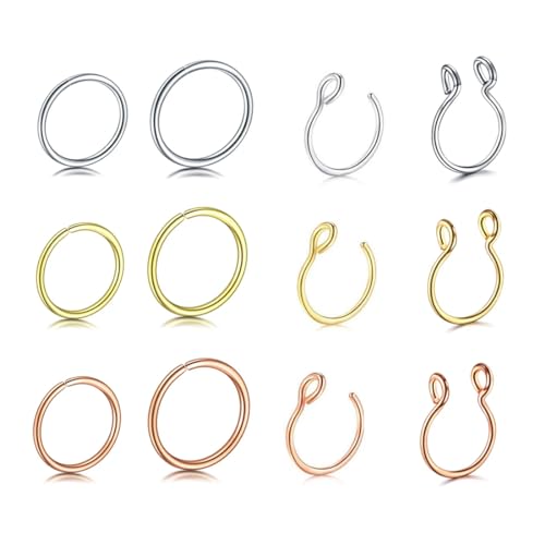 12 Stk 20G 8mm Nasenpiercings Fake Nasenring Edelstahl Fake Piercings Nase Face Piercing Nase Lippe Ohr Ring Hoop für Männer Damen von REQAG