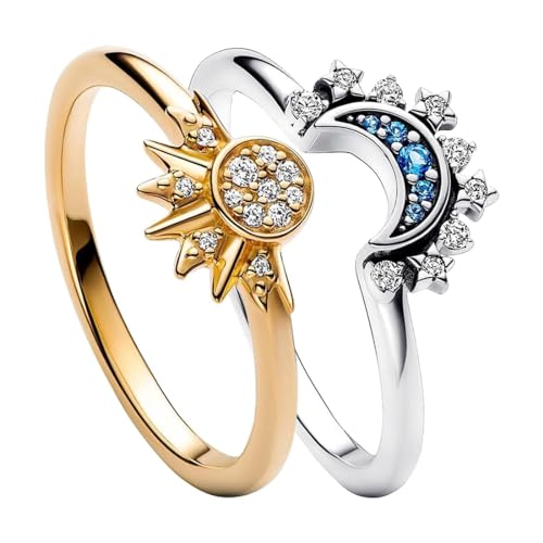 REQAG 2 Stück Sommer-Paarring-Set, Himmelblau, Funkelnder Mond Und Sonne, Ring Für Damen, Stapelbarer Fingerschmuck von REQAG