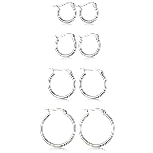 REQAG 4 Paare Edelstahl Creolen Ohrringe Kleine Knorpel Hoop Ohrringe Nase Lippen Ringe Silber Klein Ohrringe Set Schlafen Ohrringe Für Männer Und Damen 15/20/25/30Mm Wird Mit Einem Samtbeutel Geliefe von REQAG