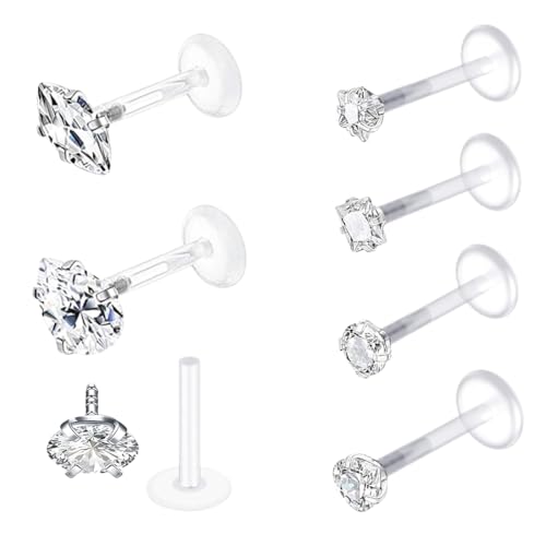 REQAG 7 Stk Klare Lippenpiercing Piercing Tragus Helix Ohrringe Piercing stecker Flexibles Acryl 16G mit CZ Opal Piercing Lippe für Frauen Männer 10mm von REQAG