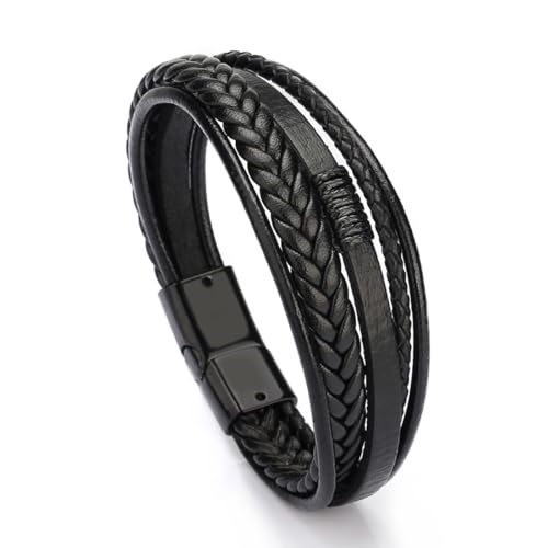 REQAG Herren Armband - Lerderarmband - Leder Armreif schwarz - geflochten Echtleder Breites Wickelarmband mit Magnet Verschluss Herren Armband Edelstahl Armband Geflochten Mit Magnet Verschluss 23cm von REQAG