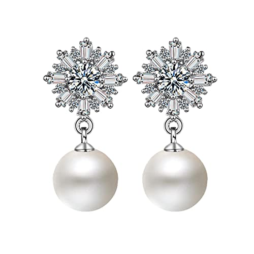 Schneeflocke 925 Sterling Silber Perlenohrringe Damen - Hängend, Weiß, 10mm Mit Zirkonia - Hypoallergen von REQAG