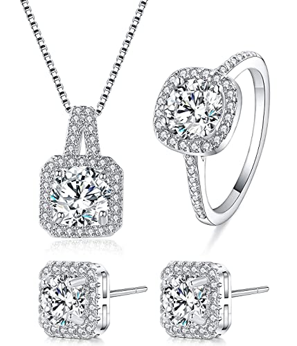 Silber Damen Schmuck Set, 925 Sterling Silber Halskette Ohrringe Ring Set, Schmuckset Halskette und Ohrringe Set mit 5A Zirkonia, Silber Luxus Hochzeit Schmuck Set, Geschenk zum Geburtstag von REQAG