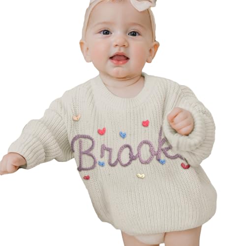 REQTYUI Personalisierter Baby Strickpullover mit gesticktem Namen, Kleinkinder Crewneck Langarm Pullover Sweatshirt (DE/NL/SE/PL, Alter, 2 Jahre, Gesprenkeltes Weiß (Speckled White)) von REQTYUI