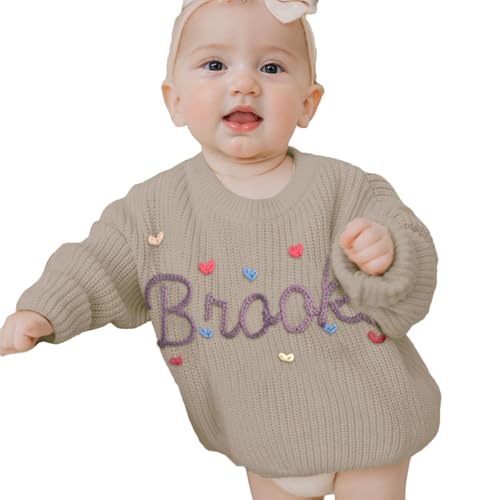 REQTYUI Personalisierter Baby Strickpullover mit gesticktem Namen, Kleinkinder Crewneck Langarm Pullover Sweatshirt (DE/NL/SE/PL, Alter, 2 Jahre, Khaki) von REQTYUI