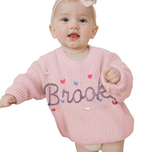 REQTYUI Personalisierter Baby Strickpullover mit gesticktem Namen, Kleinkinder Crewneck Langarm Pullover Sweatshirt (DE/NL/SE/PL, Alter, 2 Jahre, Pink) von REQTYUI