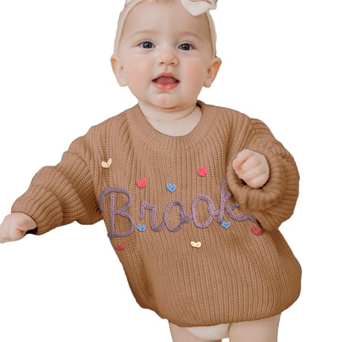 REQTYUI Personalisierter Baby Strickpullover mit gesticktem Namen, Kleinkinder Crewneck Langarm Pullover Sweatshirt (DE/NL/SE/PL, Alter, 3 Jahre, Braun (Brown)) von REQTYUI