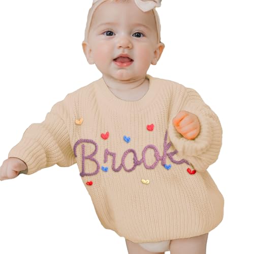 REQTYUI Personalisierter Baby Strickpullover mit gesticktem Namen, Kleinkinder Crewneck Langarm Pullover Sweatshirt (DE/NL/SE/PL, Alter, 3 Jahre, Cremiges Gelb (Creamy Yellow)) von REQTYUI