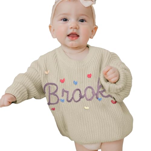 REQTYUI Personalisierter Baby Strickpullover mit gesticktem Namen, Kleinkinder Crewneck Langarm Pullover Sweatshirt (DE/NL/SE/PL, Alter, 3 Jahre, Hellkhaki (Light Khaki)) von REQTYUI