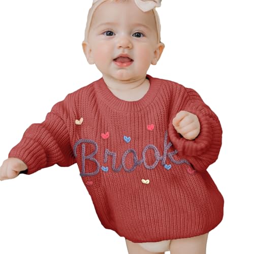 REQTYUI Personalisierter Baby Strickpullover mit gesticktem Namen, Kleinkinder Crewneck Langarm Pullover Sweatshirt (DE/NL/SE/PL, Alter, 3 Jahre, Rot (Red)) von REQTYUI
