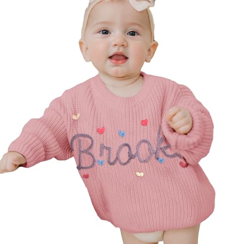 REQTYUI Personalisierter Baby Strickpullover mit gesticktem Namen, Kleinkinder Crewneck Langarm Pullover Sweatshirt (DE/NL/SE/PL, Alter, 6 Monate, 12 Monate, Rosa (Rose)) von REQTYUI