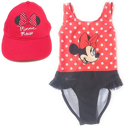 Minnie Mouse Disney Badeanzug für Strand oder Pool + Disney Cap für Mädchen | Badeanzug Set mit Rüschen und Mütze, verstellbar, rot, 4 Jahre von REQUETEGUAY