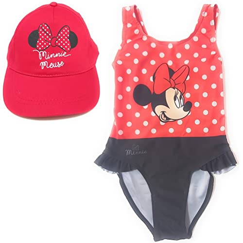 Minnie Mouse Disney Badeanzug für Strand oder Pool + Disney Cap für Mädchen | Badeanzug Set mit Rüschen und Mütze, verstellbar, rot, 6 Jahre von REQUETEGUAY