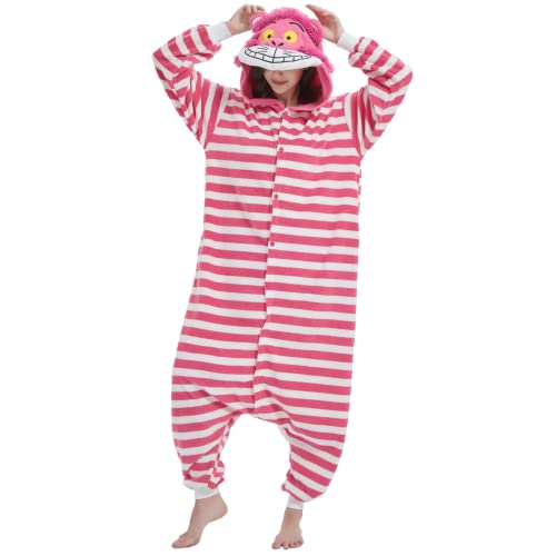 RESSBER Unisex Erwachsene Onesie Pyjama Tier Einteiler Halloween Kostüm Weihnachten Nachtwäsche Jumpsuit, Rosa Grinsekatze, XL von RESSBER