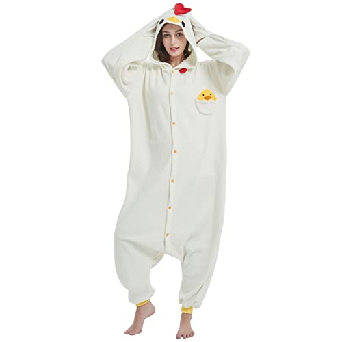 RESSBER Unisex Erwachsene Onesie Pyjama Tier Einteiler Halloween Kostüm Weihnachten Nachtwäsche Jumpsuit, Weißes Huhn, M von RESSBER
