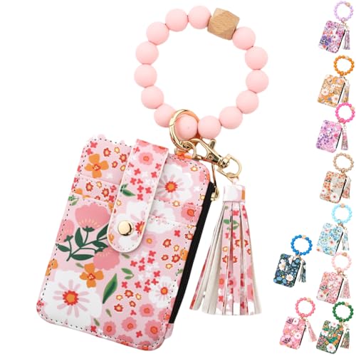 Damen-Geldbörse mit Perlen im Bohemian-Stil, Schlüsselanhänger mit floral besticktem Quastenarmband und Kartenhalter mit floralem Muster, schlicht und modisch von RETGJNC