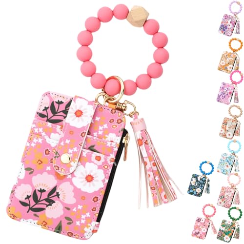 Damen-Geldbörse mit Perlen im Bohemian-Stil, Schlüsselanhänger mit floral besticktem Quastenarmband und Kartenhalter mit floralem Muster, schlicht und modisch von RETGJNC