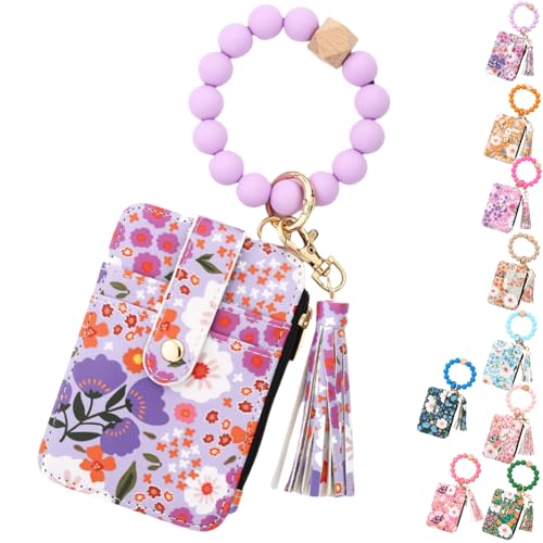 Damen-Geldbörse mit Perlen im Bohemian-Stil, Schlüsselanhänger mit floral besticktem Quastenarmband und Kartenhalter mit floralem Muster, schlicht und modisch von RETGJNC