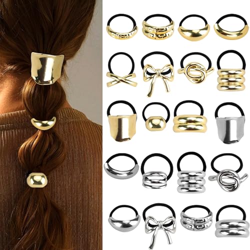 RETON 20 Stück Metall Haargummi Set, Haarklammer Gold für Frauen, Silber Wrap Elastic Haarschmuck, Elastisches Geometrische Haar Pferdeschwanz Manschetten für dicke Haar Zöpfe Lockiges Haar von RETON
