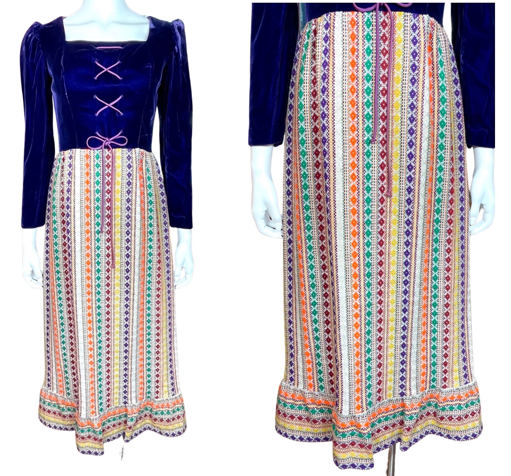Vintage 1960Er Pat Richards Samt Geschnürt Metallic Lame Gobelin Hippie Boho Prairie Maxi Kleid S/M von RETROLANDVINTAGE