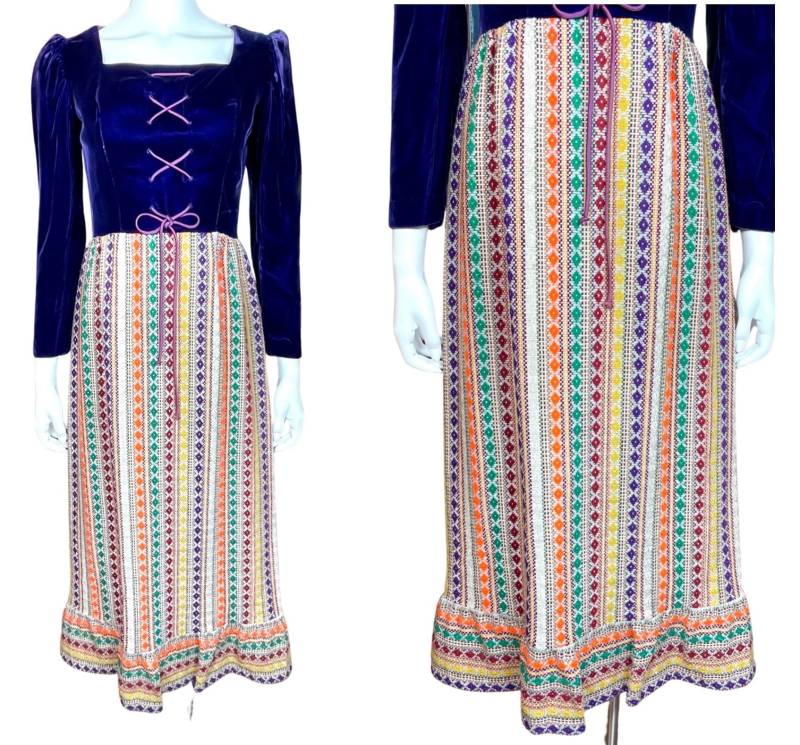 Vintage 1960Er Pat Richards Samt Geschnürt Metallic Lame Gobelin Hippie Boho Prairie Maxi Kleid S/M von RETROLANDVINTAGE