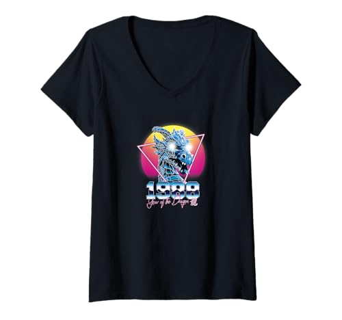 Damen 1988 Jahr des Drachen Vaporwave T-Shirt mit V-Ausschnitt von RETROWAVE ZODIAC SIGNS