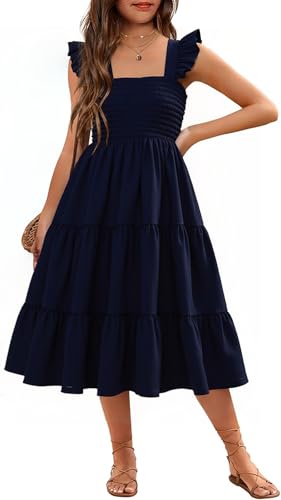 RETSUGO Mädchenkleid, Sommer, Flatterärmel, Swing, lässig, einfarbig, gestuftes, gesmoktes Kleid, 6–12 Jahre alt, Schwarz, 10-11 Years von RETSUGO