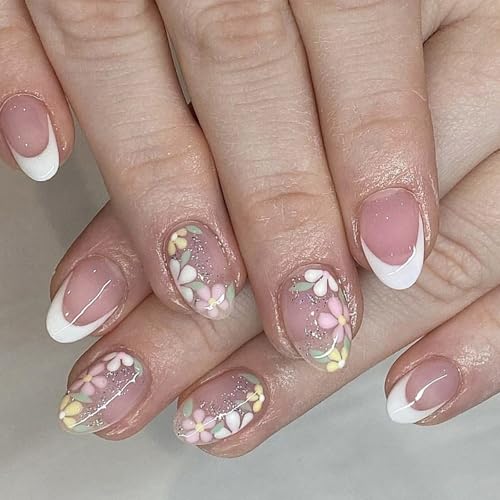 24 Stück Blumen-Nägel zum Aufdrücken, französische Spitzen, Acryl-Nägel mit Glitzer-Designs, falsche Nägel zum Aufkleben für Frauen, Acrylnägel von RETUOLWAG