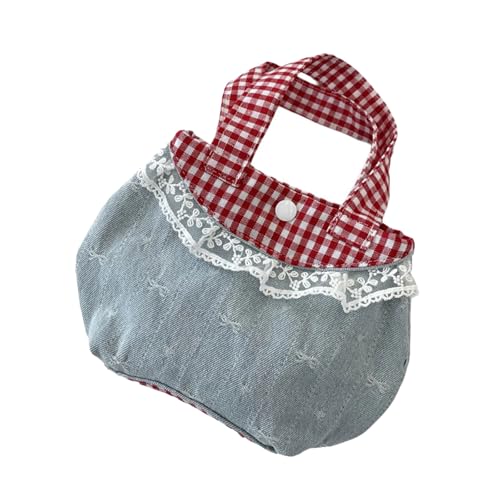 Feminine Jeans Handtasche mit Retro Plaids Muster und dekorativer Spitzeneinfassung Praktischer Tragegriff für verschiedene Anlässe Arbeit bis Date Handtasche, Hellblaue Schleife, One Size von RETUOLWAG