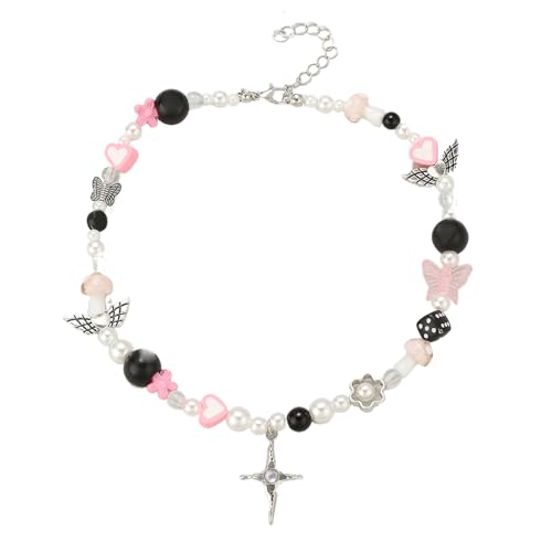 RETUOLWAG Bowknot Heart Crosses Charm Halskette Imitation Perle Perl Perlen Neckkette Für Frauen Modische Schlüsselbeutel Kette Ornament Herz Anhänger Halskette von RETUOLWAG
