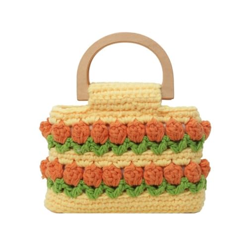 RETUOLWAG Handgewebte Häkelschaufel Mit Top Holzgriff Koreanischer Stil Süßes Farbenfrohe Blumgestrickte Handtasche Geldbörse Für Frauen Einkaufstasche von RETUOLWAG