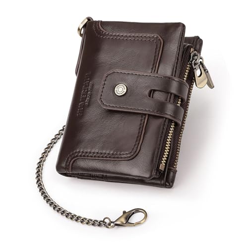 RETUOLWAG Herren Kompakte Trifold Brieftasche Mit Doppel Reißverschluss Münzentasche Und Blockierungstechnologie Antitheft Kette PU Leder Geldbörse Sicherheitsbrieftasche von RETUOLWAG