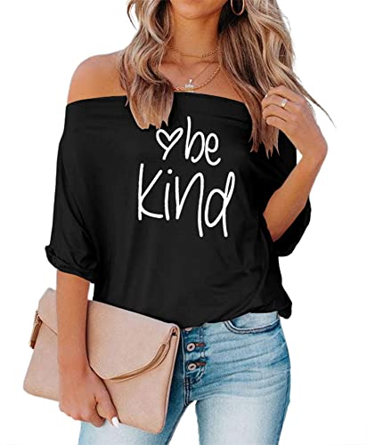 REVETRO Schulterfreies Damen-Top, lässig, kurze Fledermausärmel, Sommer, lockeres T-Shirt, Tunika, Bluse, 4-black Be Kind, Mittel von REVETRO