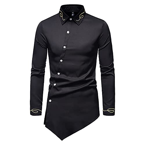 Basic Shirt Herren Luxus Stickerei Business Shirt Herren Slim Fit Schräge Knopfleiste Casual Shirt Herren Urban Streetstyle Asymmetrien Design Langarm Shirt Herren B-Black XXL von REVHQ