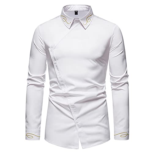 Basic Shirt Herren Luxus Stickerei Business Shirt Herren Slim Fit Schräge Knopfleiste Casual Shirt Herren Urban Streetstyle Asymmetrien Design Langarm Shirt Herren H-White XL von REVHQ