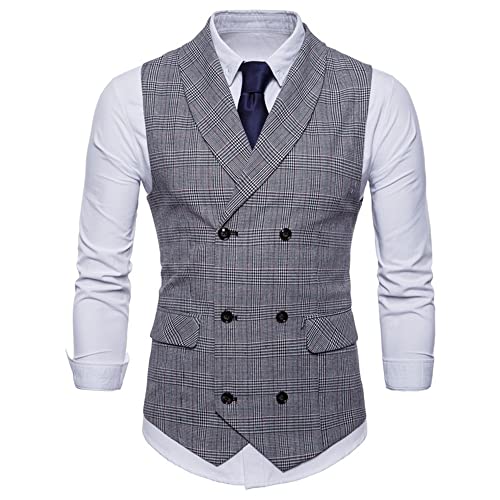 Basic Weste Herren Retro Kariert Revers Zweireihig Tweed Weste Herren Slim Fit Ärmellos Spleißen Design Business Weste Herren Urban Gentlemanhafter Stil Casual Weste Herren E-Grey2 M von REVHQ