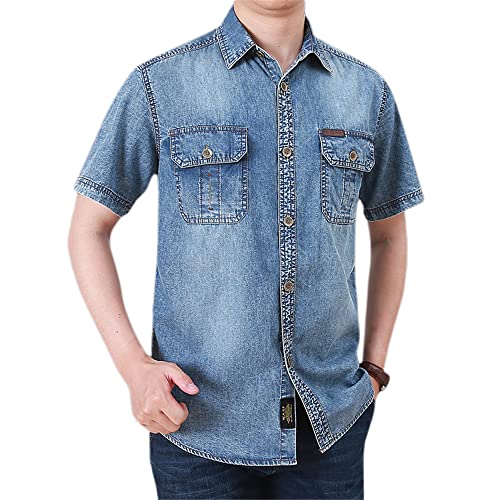 Jeanshemd Herren Kurzarm Outdoor Hemd Revers Mit Taschen Freizeithemd Regular Fit Western Hemd Vintage Casual Shirt Herren Sommer Denim-Hemd Männer D-Blue XL von REVHQ