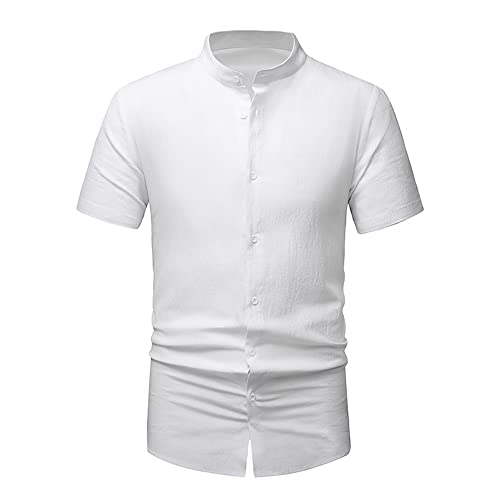 REVHQ Freizeithemd Herren Slim Fit Mode Farbabstimmung Henry Hemd Herren Stehkragen Mit Buttons Sommerhemd Leichte Kurzarmhemd Herren Casual Urlaub Strandshirt Herren I-White L von REVHQ