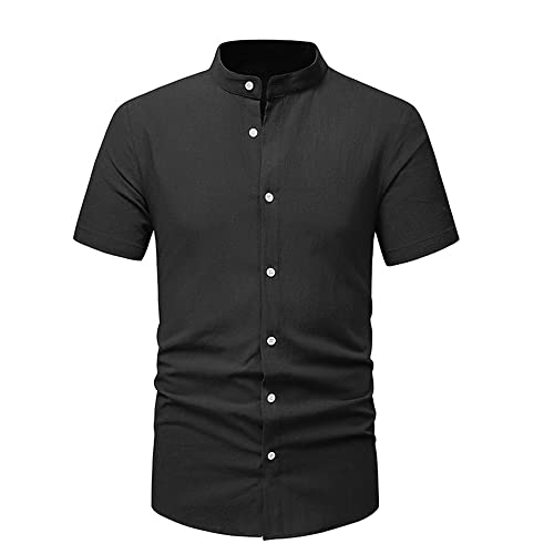 REVHQ Freizeithemd Herren Slim Fit Mode Farbabstimmung Henry Hemd Herren Stehkragen Mit Buttons Sommerhemd Leichte Kurzarmhemd Herren Casual Urlaub Strandshirt Herren J-Black L von REVHQ
