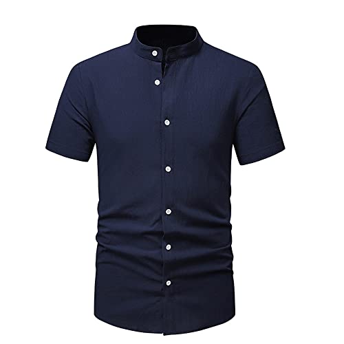 REVHQ Freizeithemd Herren Slim Fit Mode Farbabstimmung Henry Hemd Herren Stehkragen Mit Buttons Sommerhemd Leichte Kurzarmhemd Herren Casual Urlaub Strandshirt Herren L-Navy L von REVHQ