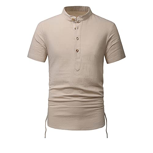 REVHQ Freizeithemd Herren Slim Fit Mode Farbabstimmung Henry Hemd Herren Stehkragen Mit Buttons Sommerhemd Leichte Kurzarmhemd Herren Casual Urlaub Strandshirt Herren O-Khaki L von REVHQ