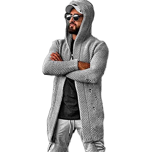 REVHQ Gestrickte Jacke Herren Mittlere Länge Einfarbig Löcher Strickjacke Herren Langarm Slim Fit Kapuze Sweater Herren Stretch Casual All-Match Strickwaren Herren A-Grey 5XL von REVHQ