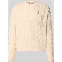 REVIEW Strickpullover mit Zopfmuster und Label-Stitching in Ecru, Größe XXL von REVIEW