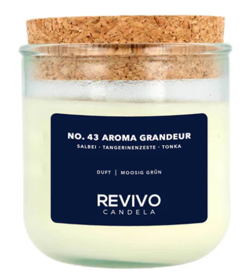 REVIVO CANDELA NO. 43 AROMA GRANDEUR nachhaltige Duftkerzen aus Rapswachs Glas-Kerze mit Korkdeckel Wohn-Dekoration Weiß/Braun von REVIVO CANDELA