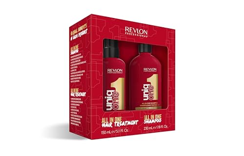 REVLON PROFESSIONAL UniqOne Pflege-Set: Hair Treatment Classic, 150 ml, Leave in Haarkur, Anti Frizz Spray mit Hitzeschutz & Shampoo, 230 ml, für seidiges, glänzendes und gut kämmbares Haar, vegan von REVLON PROFESSIONAL