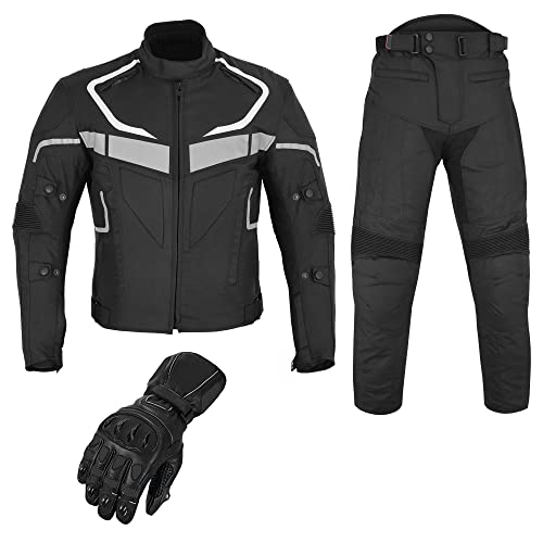 REXTEK Herren Motorrad Motorrad 2-teiliger Anzug Cordstoff Textil Motorrad Jacke Hose mit Schutzhandschuhen Leder CE-Protektoren, Schwarz, M von REXTEK