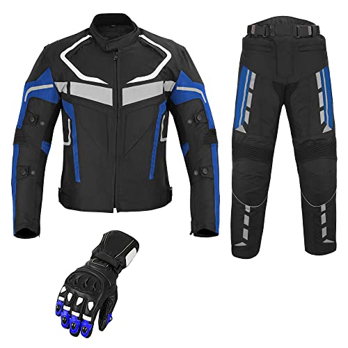 REXTEK Herren Motorrad Motorrad 2-teiliger Anzug Cordstoff Textil Motorrad Jacke Hose mit Schutzhandschuhen Leder CE-Protektoren, blau, L von REXTEK