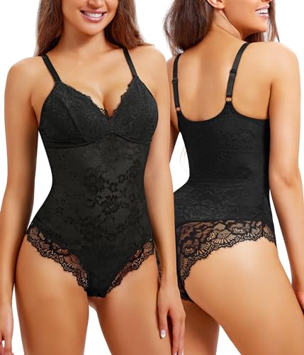 REYEOGO Spitze Shapewear Bodysuit für Frauen Bauchkontrolle Body Shaper V Ausschnitt Fajas Sculpting Tank Tops Schlankheits Camisole Korsett, Schwarz, M von REYEOGO