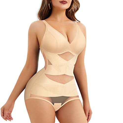 REYEOGO V Neck Bra Bodysuit Shapewear for Women Tummy Control Waist Trainer Full Body Shaper Butt Lifter Briefs Jumpsuit Tops, Beige, 3XL von REYEOGO