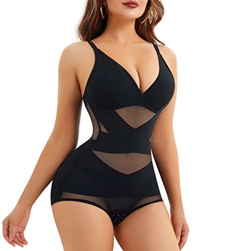 REYEOGO V Neck Bra Bodysuit Shapewear for Women Tummy Control Waist Trainer Full Body Shaper Butt Lifter Briefs Jumpsuit Tops, Schwarz, L von REYEOGO